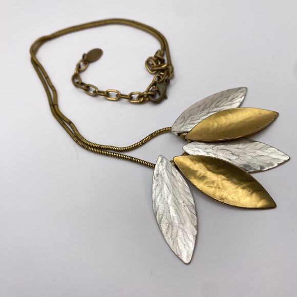 VTG Signed MARJORIE BAER SF Modernist Metal Leaves Necklace Silver Gold Tones - Picture 1 of 7